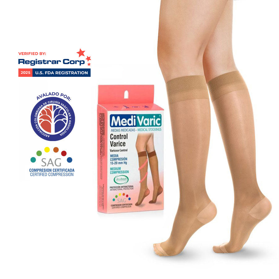 Medias terapéuticas de compresión moderada (15–20 mmHg)