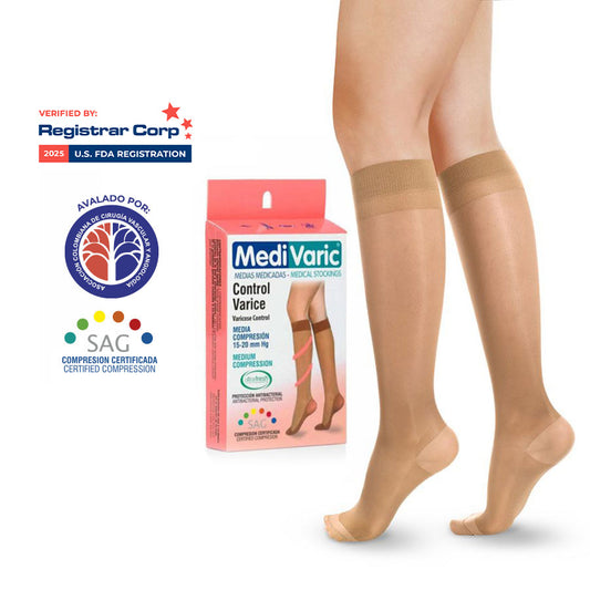 Medias terapéuticas de compresión moderada (15–20 mmHg)